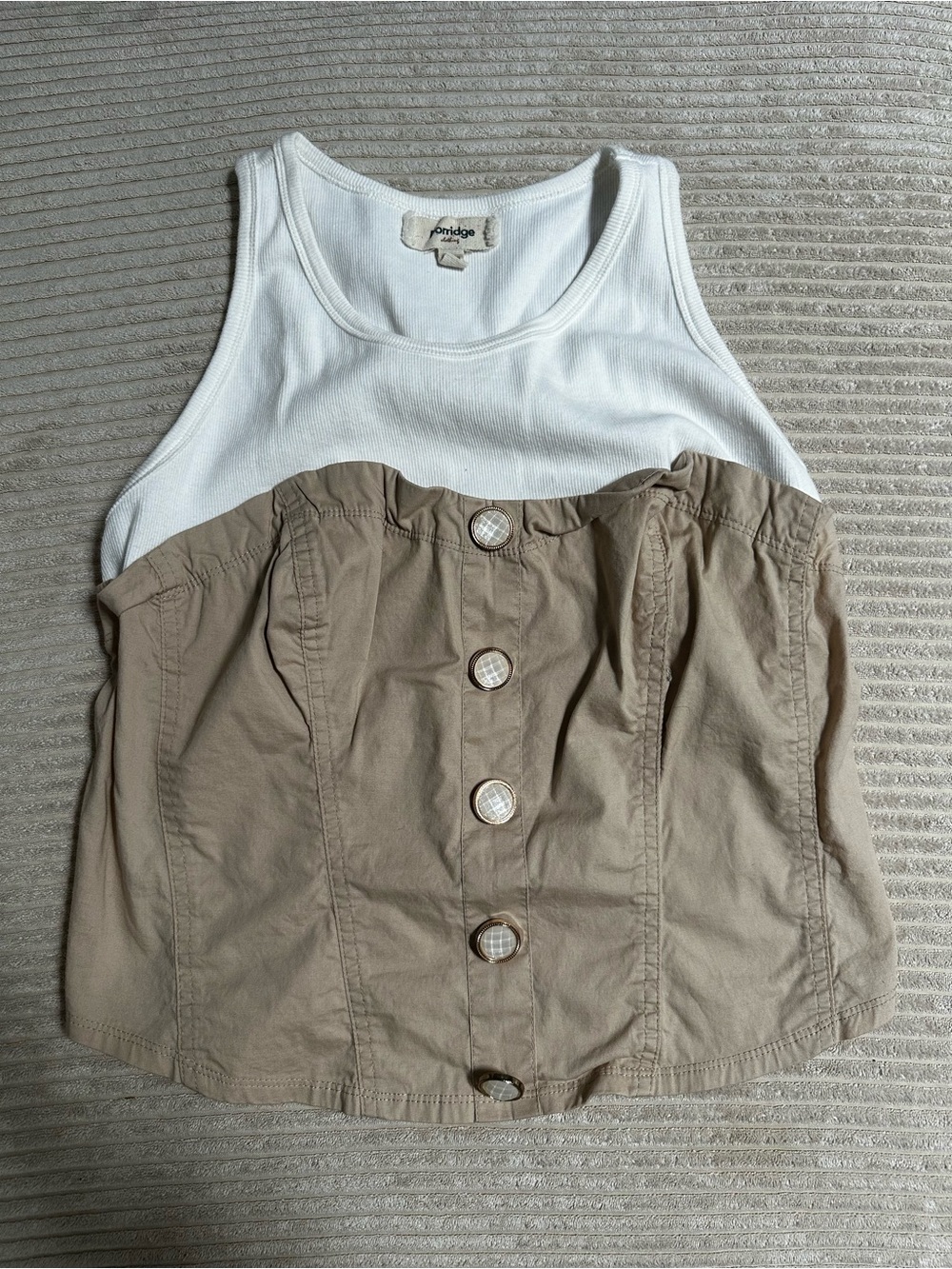 Portage White Ribbed Tank Top with Tan Button-Front Bustier Layer